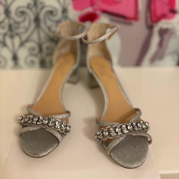 Badgley Mischka Shoes - Badgley Mischka Silver Crystal-Embellished Ankle-Strap Heels - Size 6.5